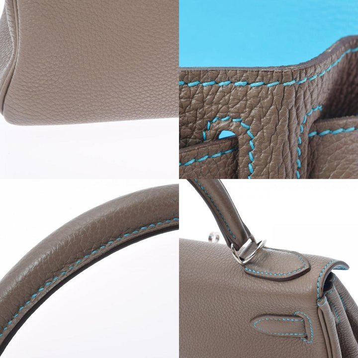 Top quality Hermes Kelly 28 Inseam Etoupe/Blue Aztic Palladium Metal Fittings N Engraved (around 2010) Ladies Togo Bag