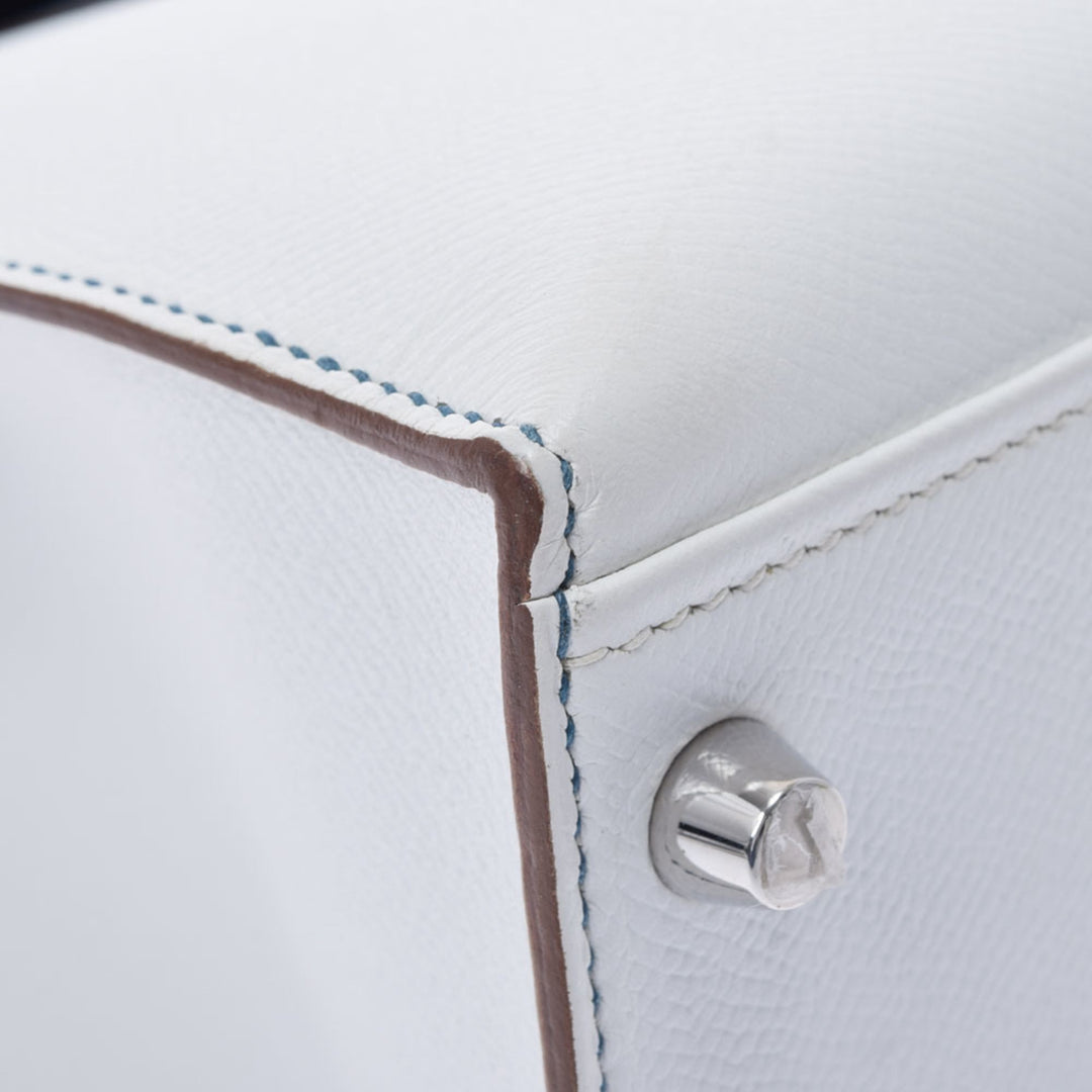 Top quality Hermes Kelly Flag 32 bag outer stitch blue Thalasso white palladium metal fittings  Q engraved (around 2013) Ladies Vaux Epson handbag