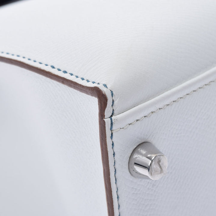 Top quality Hermes Kelly Flag 32 bag outer stitch blue Thalasso white palladium metal fittings  Q engraved (around 2013) Ladies Vaux Epson handbag