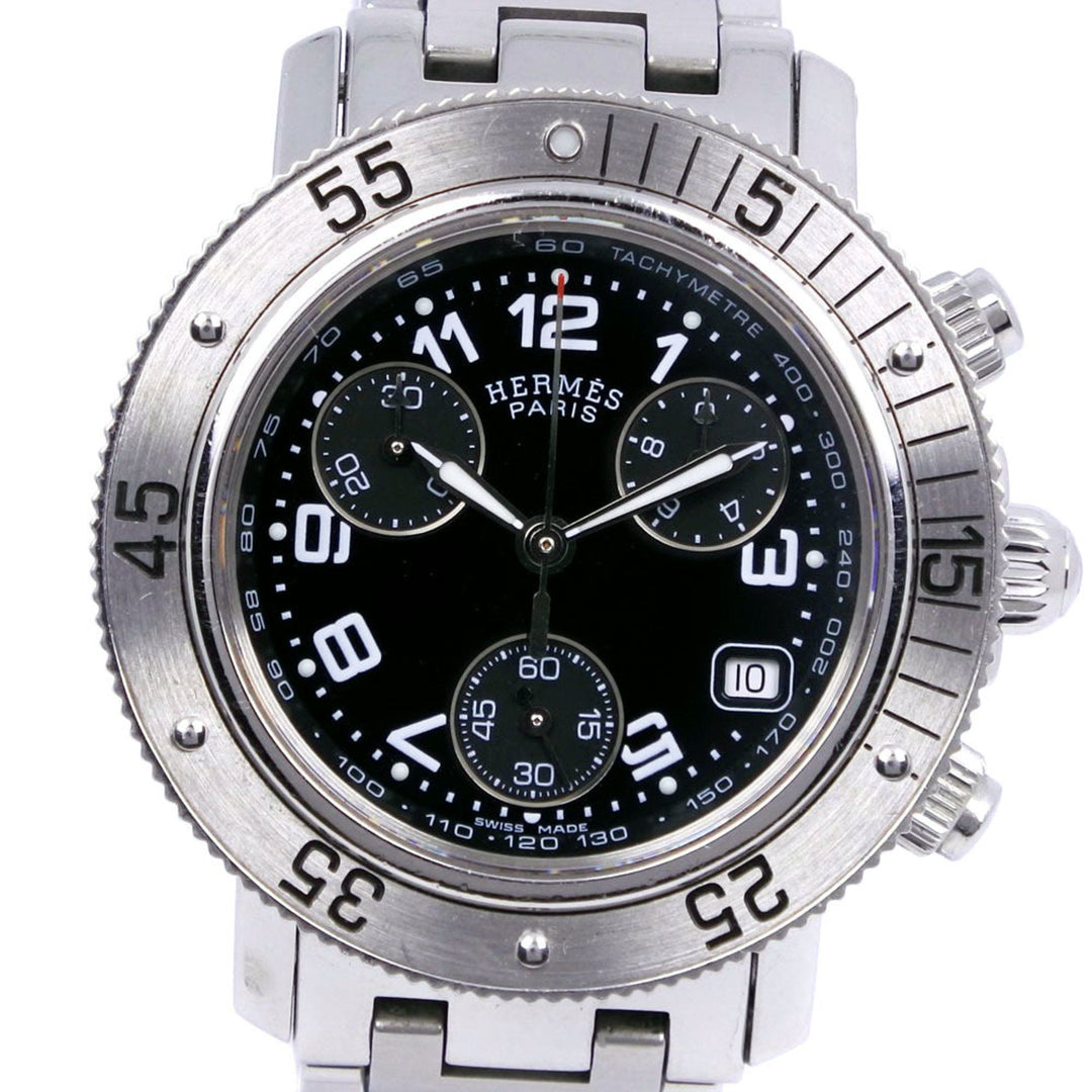 Premium Handmade Hermes Diver's Watch Clipper CL2.310 Stainless Steel Silver Quartz Chronograph Ladies Black Dial