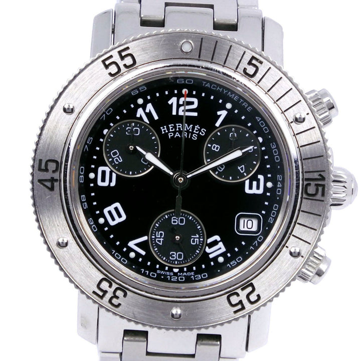 Premium Handmade Hermes Diver's Watch Clipper CL2.310 Stainless Steel Silver Quartz Chronograph Ladies Black Dial