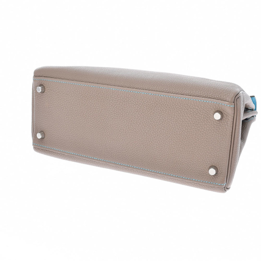 Top quality Hermes Kelly 28 Inseam Etoupe/Blue Aztic Palladium Metal Fittings N Engraved (around 2010) Ladies Togo Bag