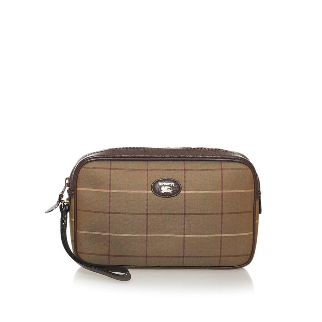 Burberry Check Clutch Bag Second Khaki Brown Canvas Leather Ladies BURBERRY