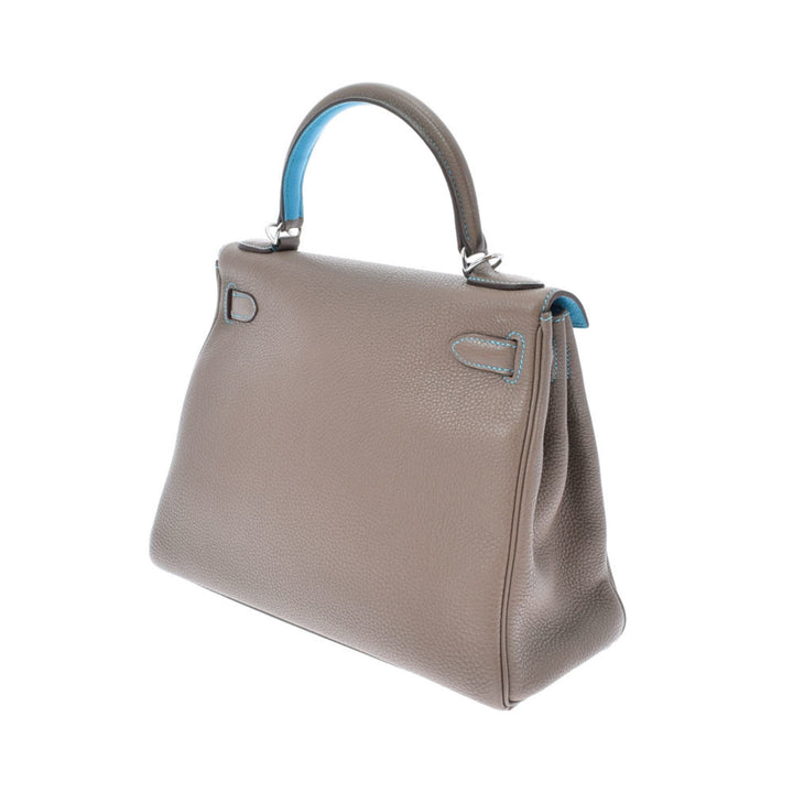 Top quality Hermes Kelly 28 Inseam Etoupe/Blue Aztic Palladium Metal Fittings N Engraved (around 2010) Ladies Togo Bag