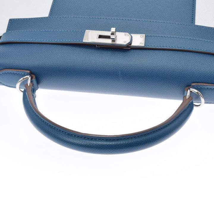 Top quality Hermes Kelly Flag 32 bag outer stitch blue Thalasso white palladium metal fittings  Q engraved (around 2013) Ladies Vaux Epson handbag
