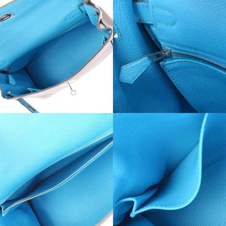 Top quality Hermes Kelly 28 Inseam Etoupe/Blue Aztic Palladium Metal Fittings N Engraved (around 2010) Ladies Togo Bag