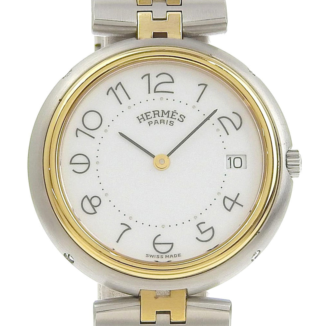 Hermes Profile Watch Vintage Combi Stainless Steel x Gold Plated Silver Quartz Analog Display Boys White Dial