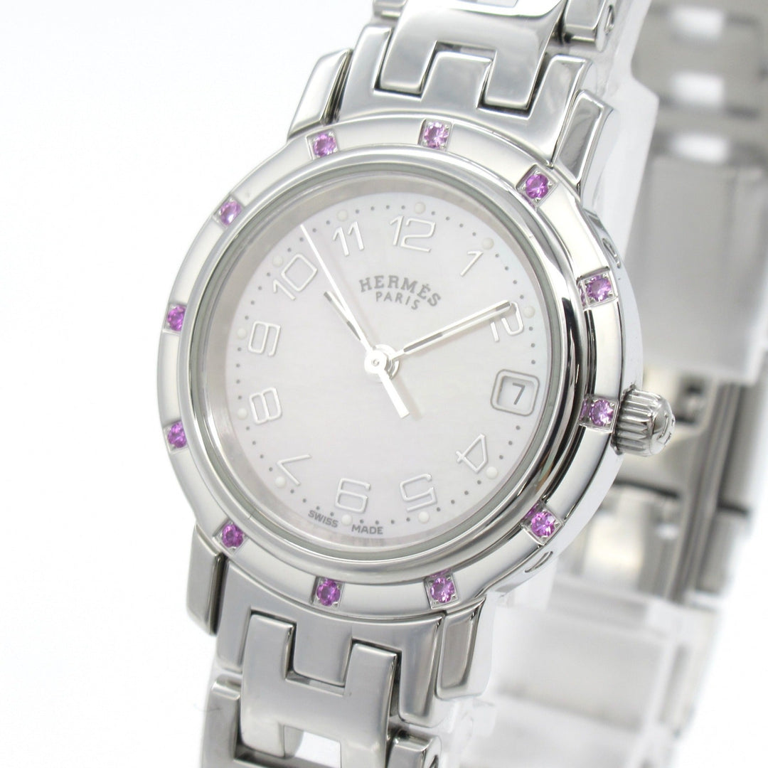 Premium Handmade Hermes Clipper Nacre 12P Pink Sapphire Wrist Watch Wrist Watch CL4.231 Quartz Pink Pink shell Stainless Steel Pink s