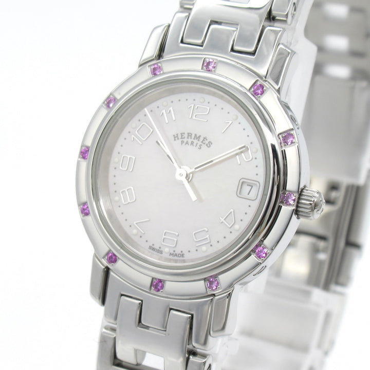 Premium Handmade Hermes Clipper Nacre 12P Pink Sapphire Wrist Watch Wrist Watch CL4.231 Quartz Pink Pink shell Stainless Steel Pink s