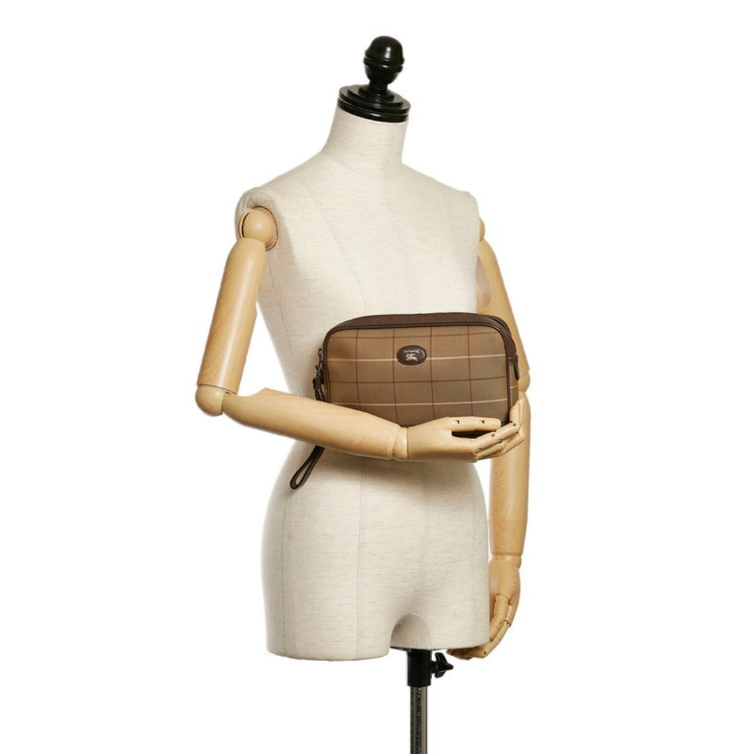 Burberry Check Clutch Bag Second Khaki Brown Canvas Leather Ladies BURBERRY