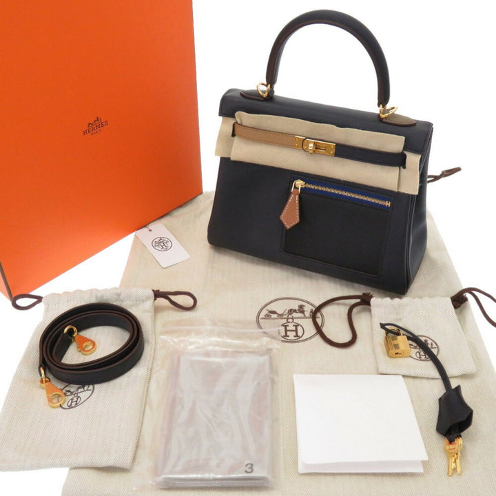 Top quality Hermes Kelly 25 Colormatic Swift Blue/Black/Chai/Etoupe/Gold U Engraved () Handbag