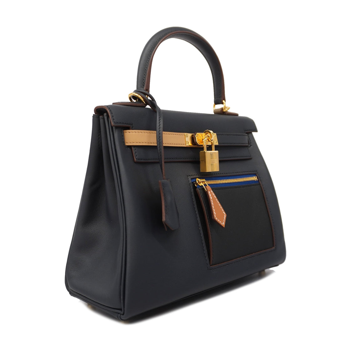 Premium Handmade Hermes 2way Bag Kelly 25 Colormatic U Engraved Swift Blue/Black/Chai/Etoupe/Gold Gold metal