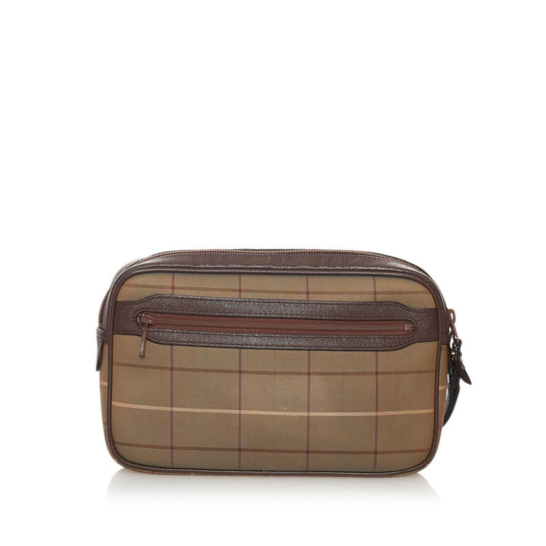 Burberry Check Clutch Bag Second Khaki Brown Canvas Leather Ladies BURBERRY