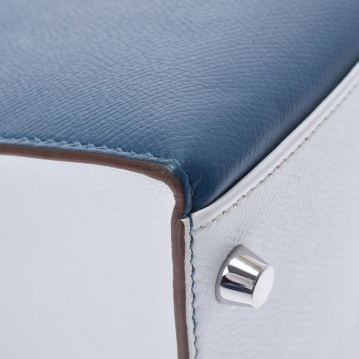 Top quality Hermes Kelly Flag 32 bag outer stitch blue Thalasso white palladium metal fittings  Q engraved (around 2013) Ladies Vaux Epson handbag