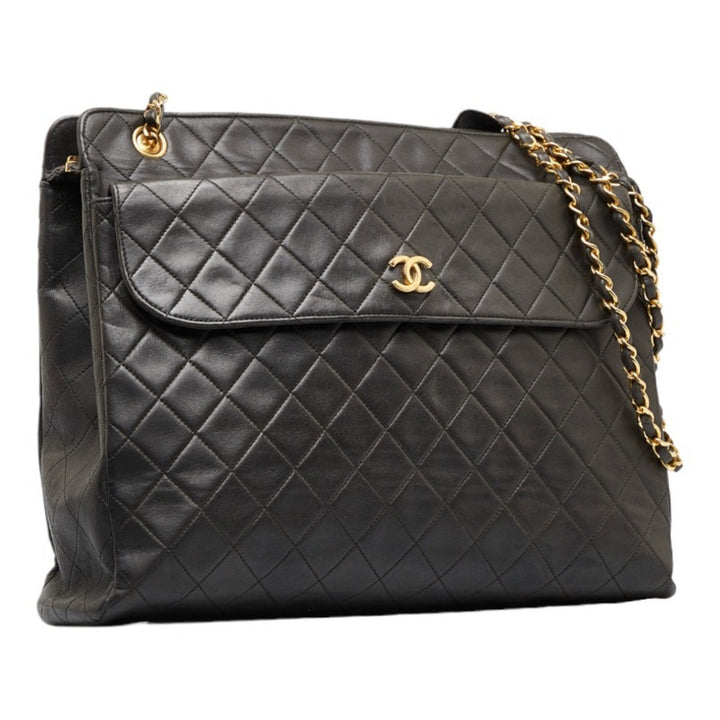 CHANEL matelasse here mark chain shoulder bag tote black gold lambskin ladies