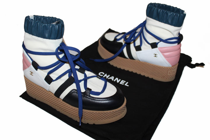 Top Quality Chanel Lambskin & Mixed Fibers Ivory, Rose, Blue & Black Lace Up Platform Size 35.5 C