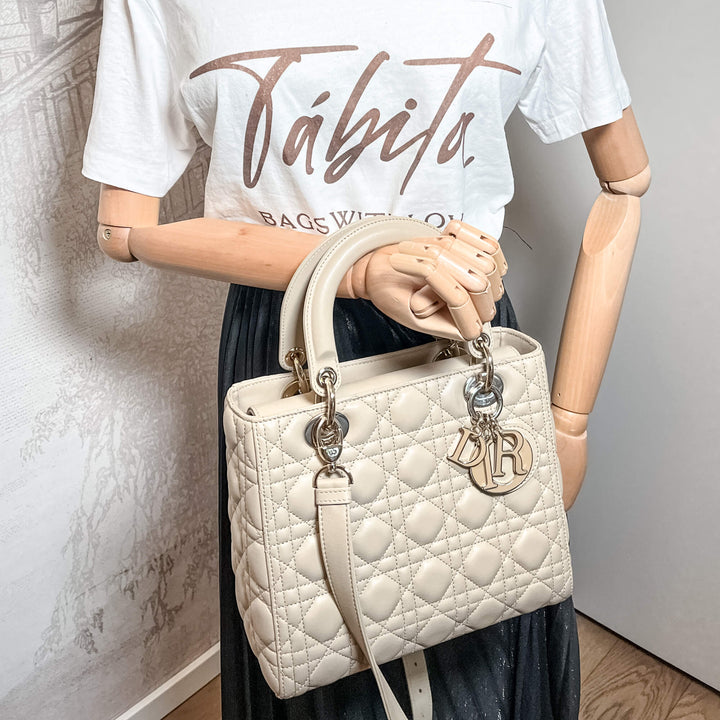 Lady Top quality Dior Medium Cannage Leather Beige Bag