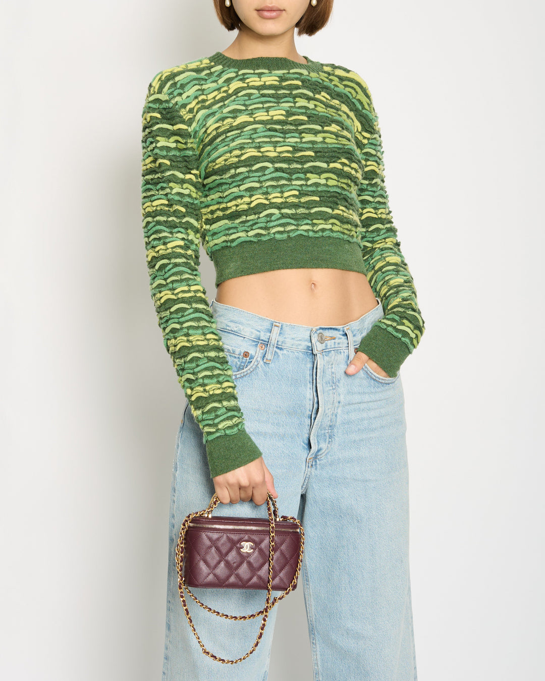 *HOT* Top Quality Chanel 14K Green Cropped Jacquard Jumper with CC Detail Size FR 36 (UK 8) RRP ¬£1960