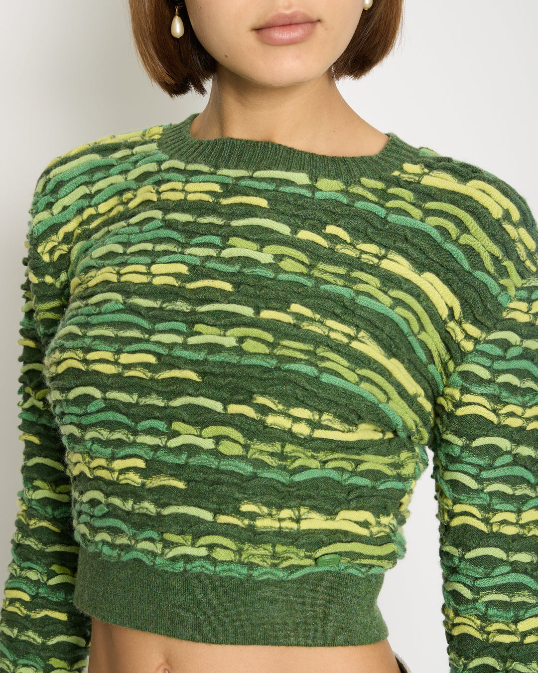 *HOT* Top Quality Chanel 14K Green Cropped Jacquard Jumper with CC Detail Size FR 36 (UK 8) RRP ¬£1960