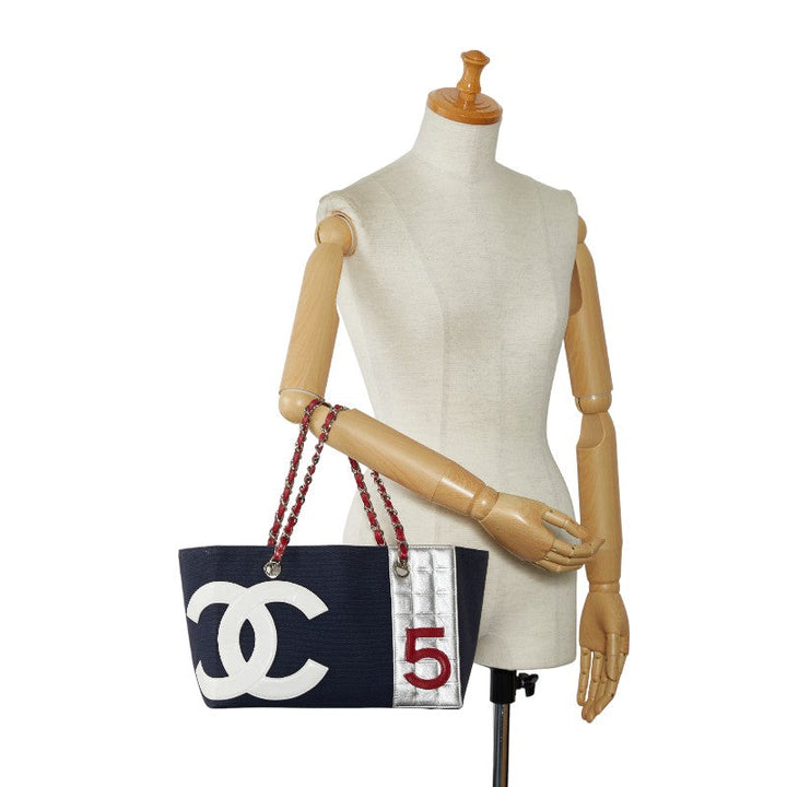 Top Quality Chanel None. 5 No. 5 Coco Chain Tote Bag Navy Red Silver Canvas Leather  Chanel