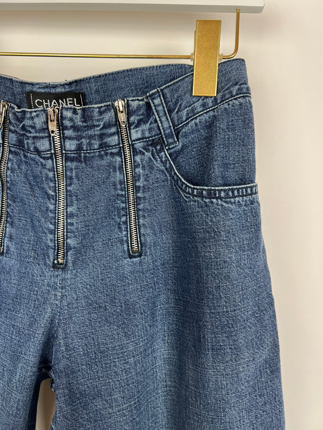 Top Quality Chanel Vintage 01/A Washed Blue Denim 3 Zip Jeans Size FR 38 (UK 10)