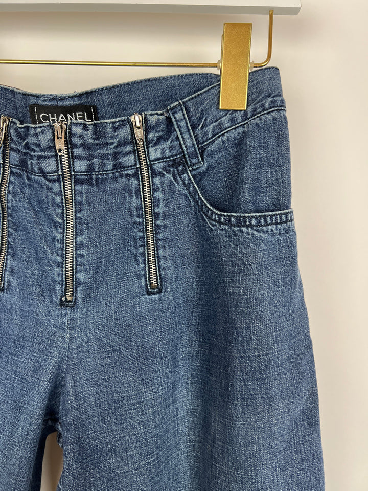 Top Quality Chanel Vintage 01/A Washed Blue Denim 3 Zip Jeans Size FR 38 (UK 10)
