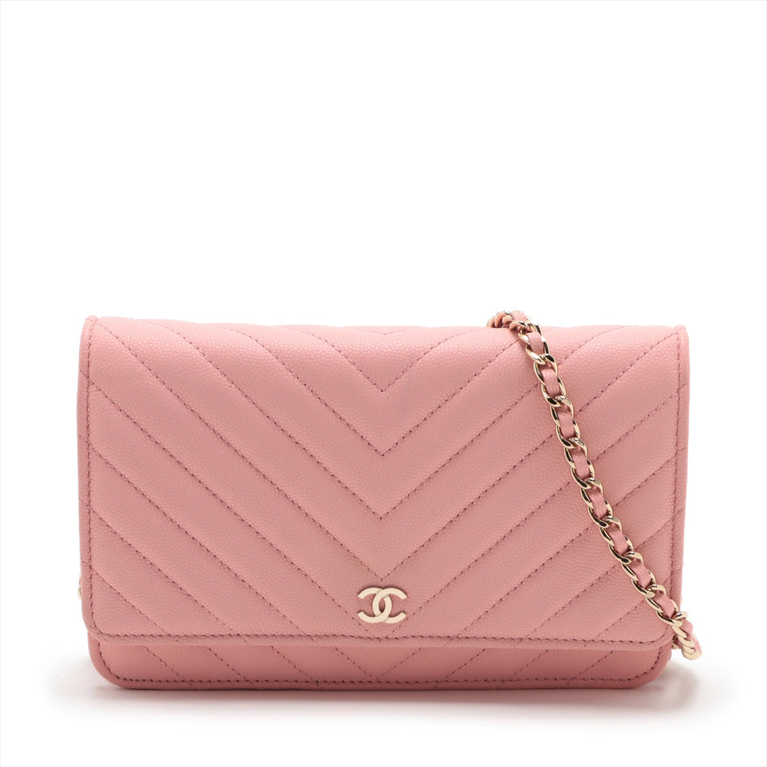 Top Quality Chanel V Stitch Caviar S Chain Wallet Pink Gold