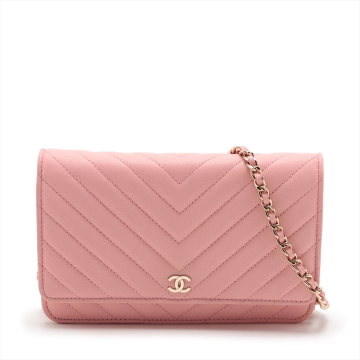 Top Quality Chanel V Stitch Caviar S Chain Wallet Pink Gold