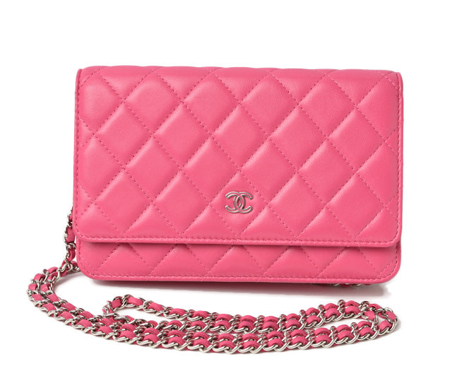 Top Quality Chanel Lambskin Chain Wallet Shoulder Bag Pink Silver Hardware
