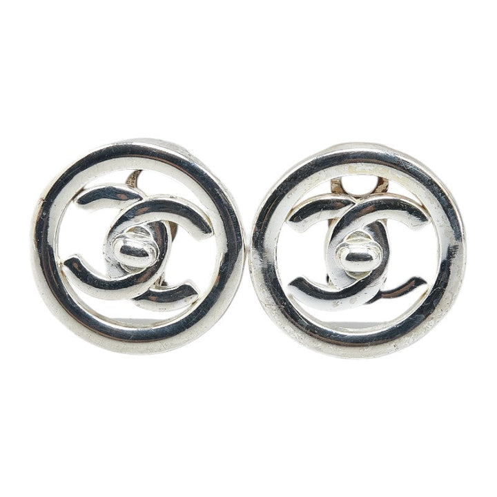 Top Quality Chanel Vintage Coco Mark Turnlock Earrings Silver Metal