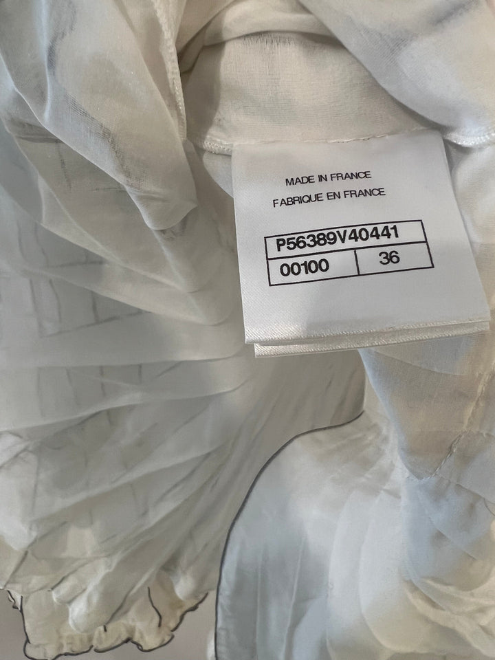 Top Quality Chanel Spring 2017 White Silk Striped Ruffle Long-Sleeve Top  Velcro Back Detail Size FR 36 (UK 8)