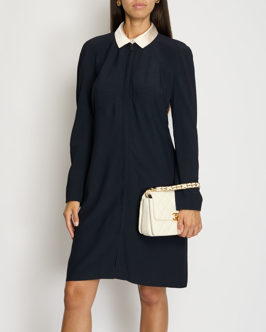 *VINTAGE* Top Quality Chanel 97/A Navy Long Sleeve Midi Dress with Detachable Collar Detail FR "Petit" (UK 12)