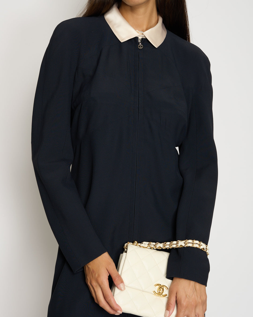 *VINTAGE* Top Quality Chanel 97/A Navy Long Sleeve Midi Dress with Detachable Collar Detail FR "Petit" (UK 12)
