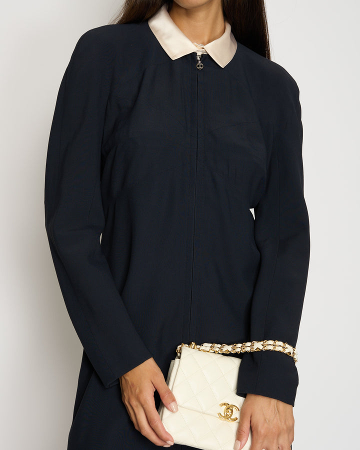*VINTAGE* Top Quality Chanel 97/A Navy Long Sleeve Midi Dress with Detachable Collar Detail FR "Petit" (UK 12)
