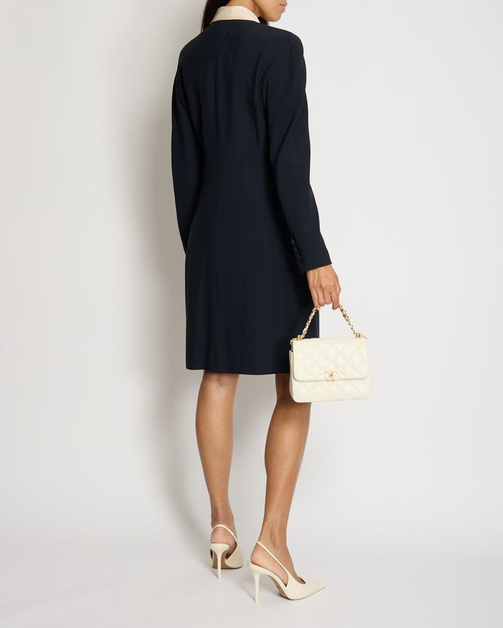 *VINTAGE* Top Quality Chanel 97/A Navy Long Sleeve Midi Dress with Detachable Collar Detail FR "Petit" (UK 12)
