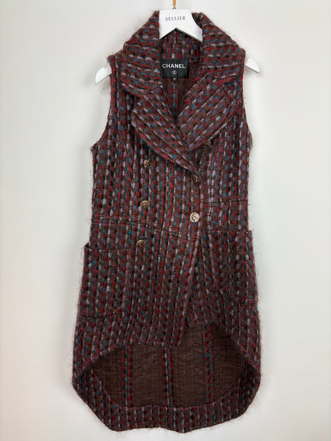 Top Quality Chanel 16P Mohair Red & Blue Tweed Gilet Jacket With Bronze Button Detail Size FR 36 (UK 8)