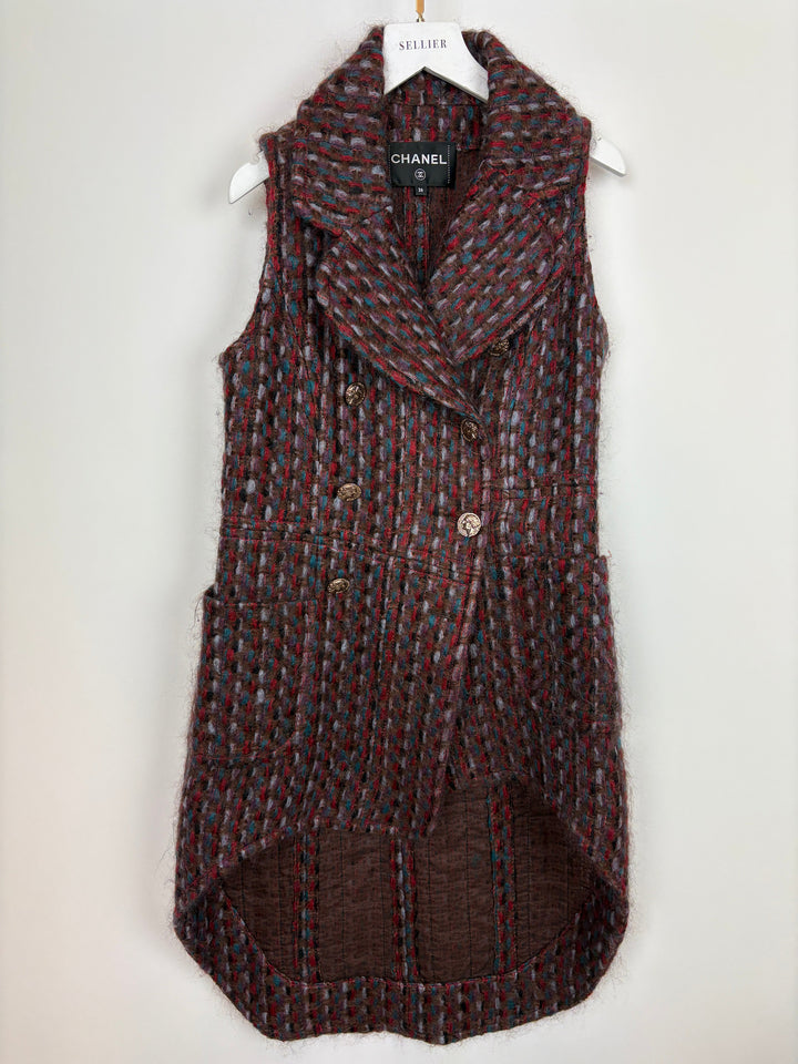 Top Quality Chanel 16P Mohair Red & Blue Tweed Gilet Jacket With Bronze Button Detail Size FR 36 (UK 8)