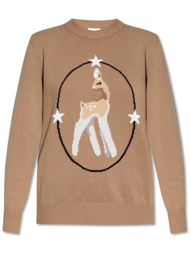 Burberry Wool Cashmere Jacquard Deer Knit Top Brown