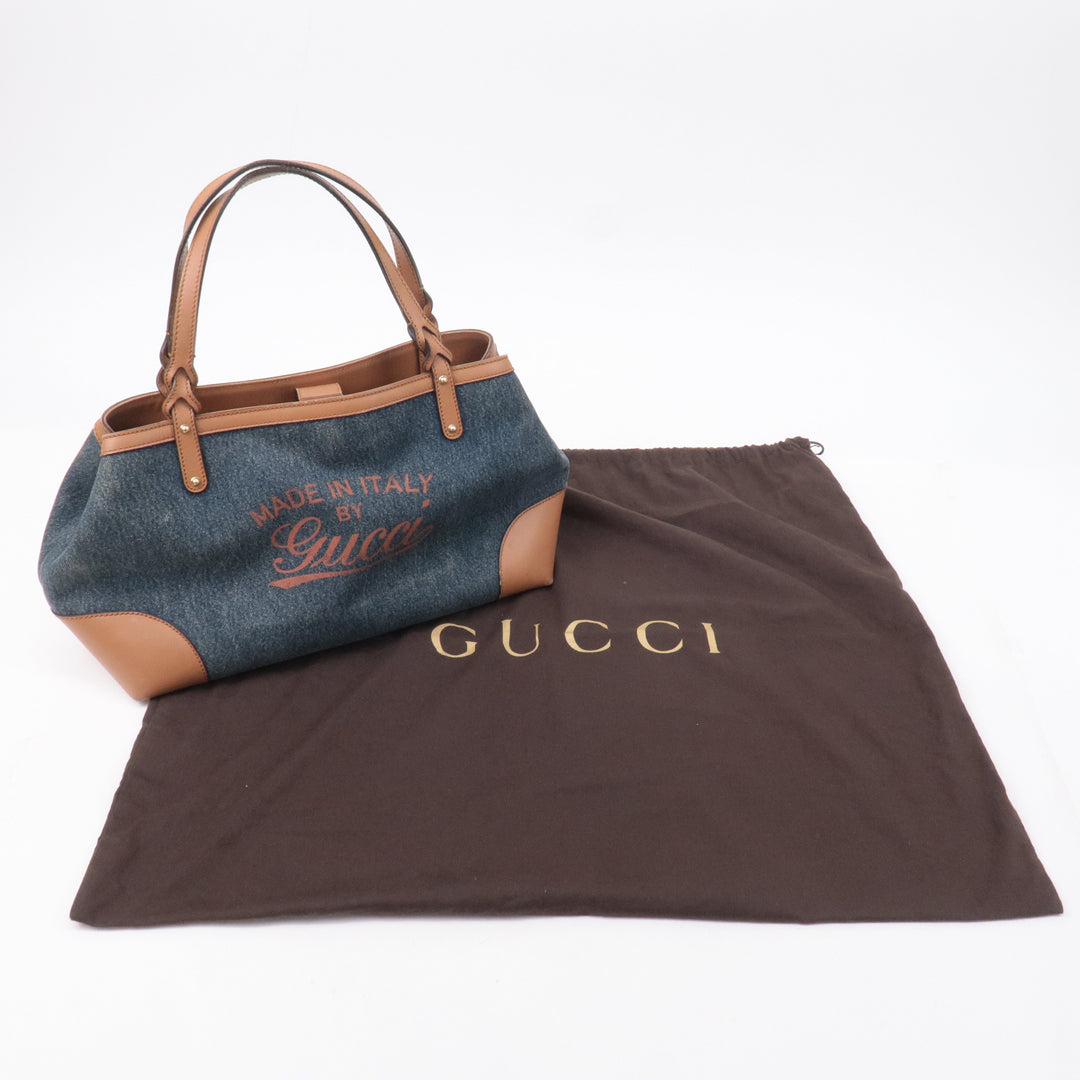 GUCCI Craft Denim Leather Tote Bag Hand Bag Navy Brown 348715