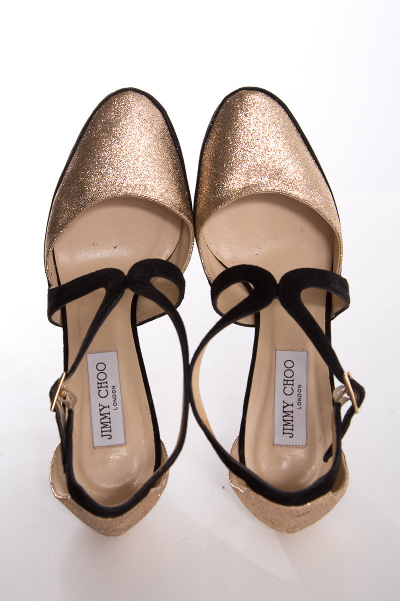 Jimmy Choo Rose Gold Glitter & Black Suede Heels SZ 41