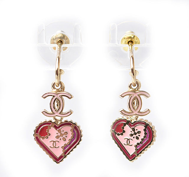 Top Quality Chanel Swing Earrings CC Mark Heart Motif Pink Gold