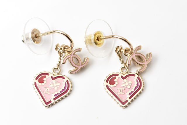 Top Quality Chanel Swing Earrings CC Mark Heart Motif Pink Gold