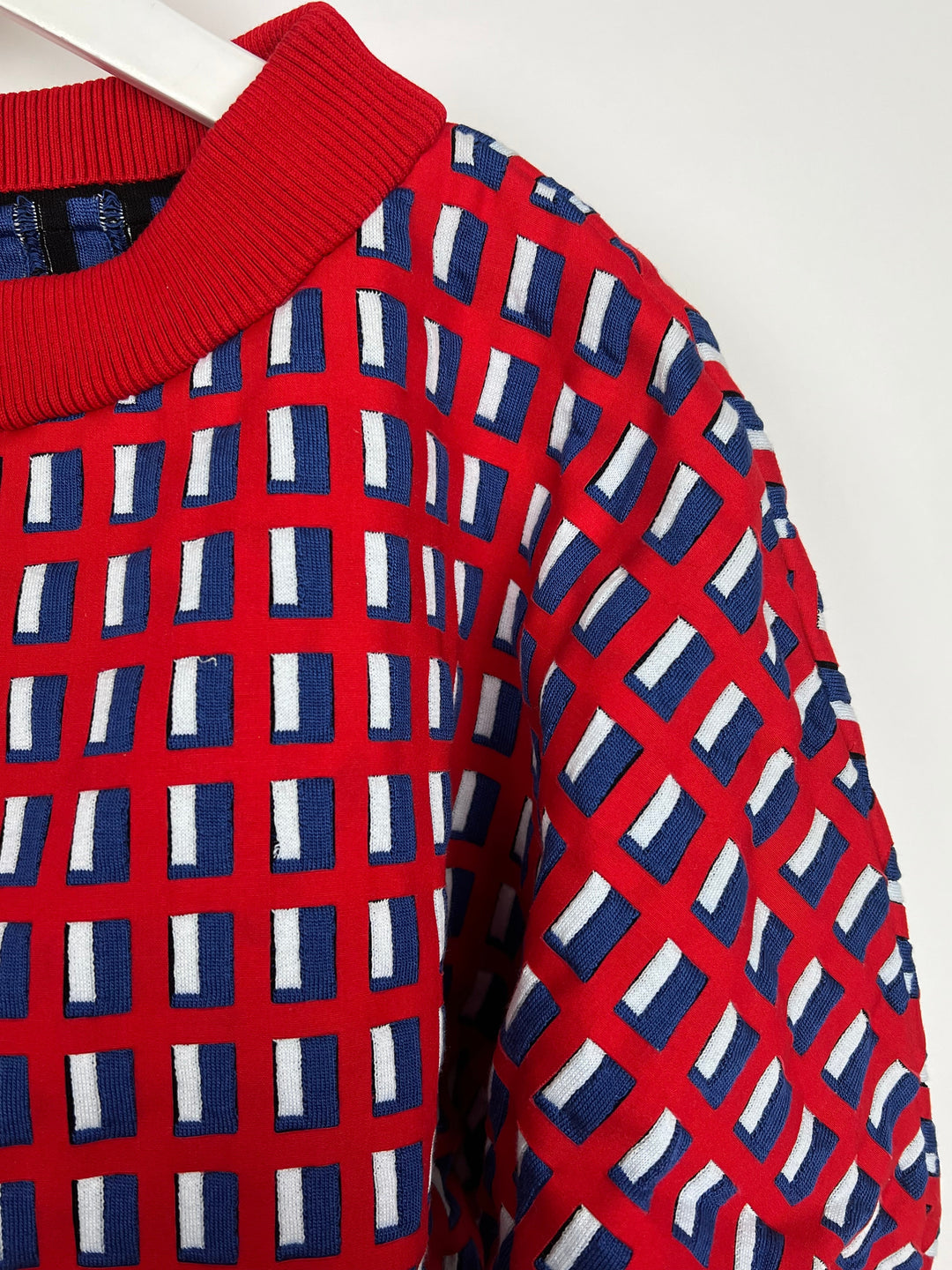 Top Quality Chanel SS13 Red Knit Jumper with Pearl Pockets & Blue and White Window Detail Size FR 36 (UK 8)