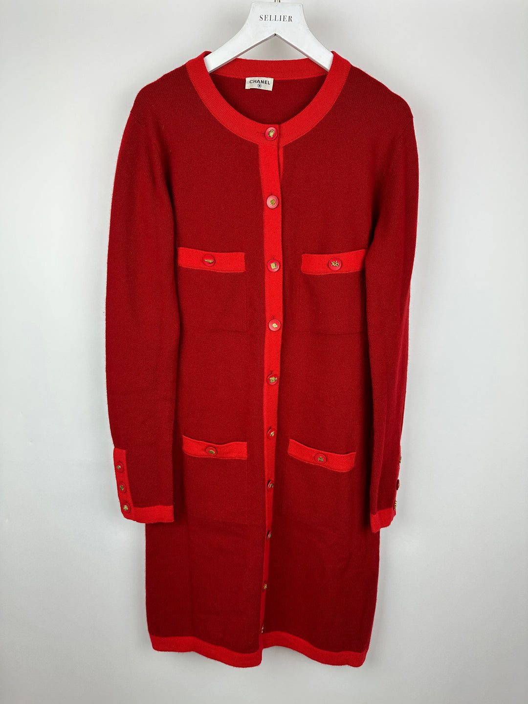 *HOT* Top Quality Chanel Red Long Sleeve Knit Mini Dress with Multi Icon Logo Button Details FR 38 (UK 10)