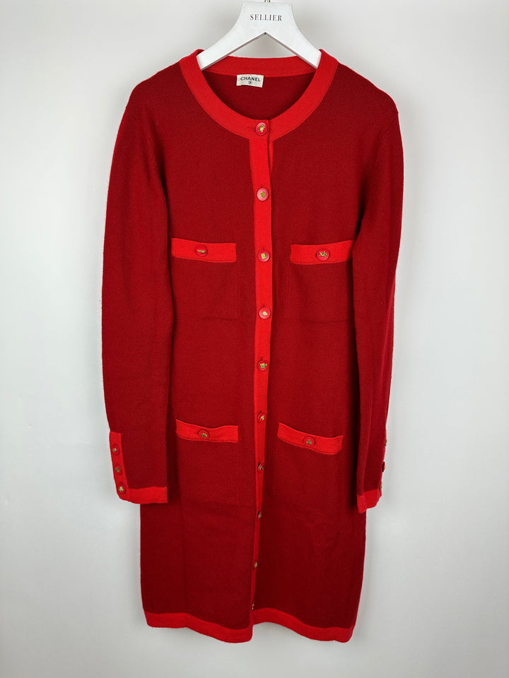 *HOT* Chanel Red Long Sleeve Knit Mini Dress with Multi Icon Logo Button Details FR 38 (UK 10)
