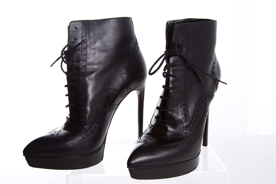 Yves Saint Laurent Black Leather Lace-Up Pointed-Toe Boots SZ 39