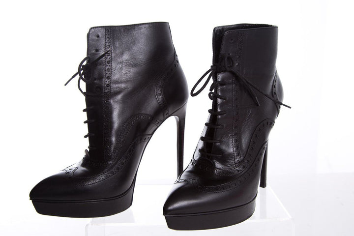 Yves Saint Laurent Black Leather Lace-Up Pointed-Toe Boots SZ 39