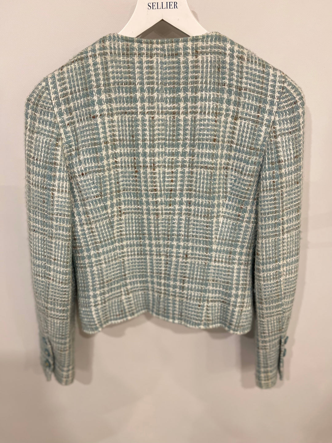 Top Quality Chanel 1997 Vintage Baby Blue, Brown and White Tweed Jacket with CC Button Details Size FR 34 (UK 6)