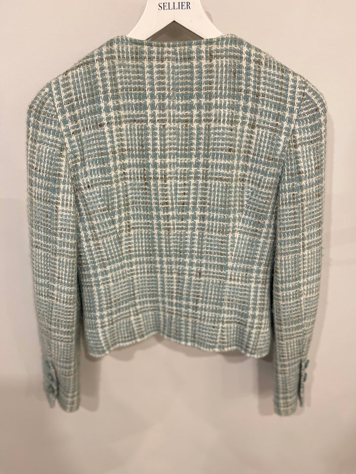 Top Quality Chanel 1997 Vintage Baby Blue, Brown and White Tweed Jacket with CC Button Details Size FR 34 (UK 6)