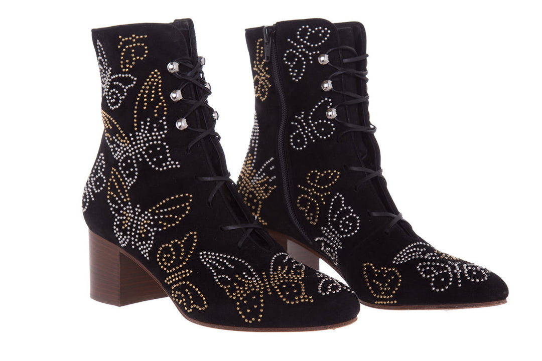 Valentino Black Butterfly Studded Suede Booties SZ 38